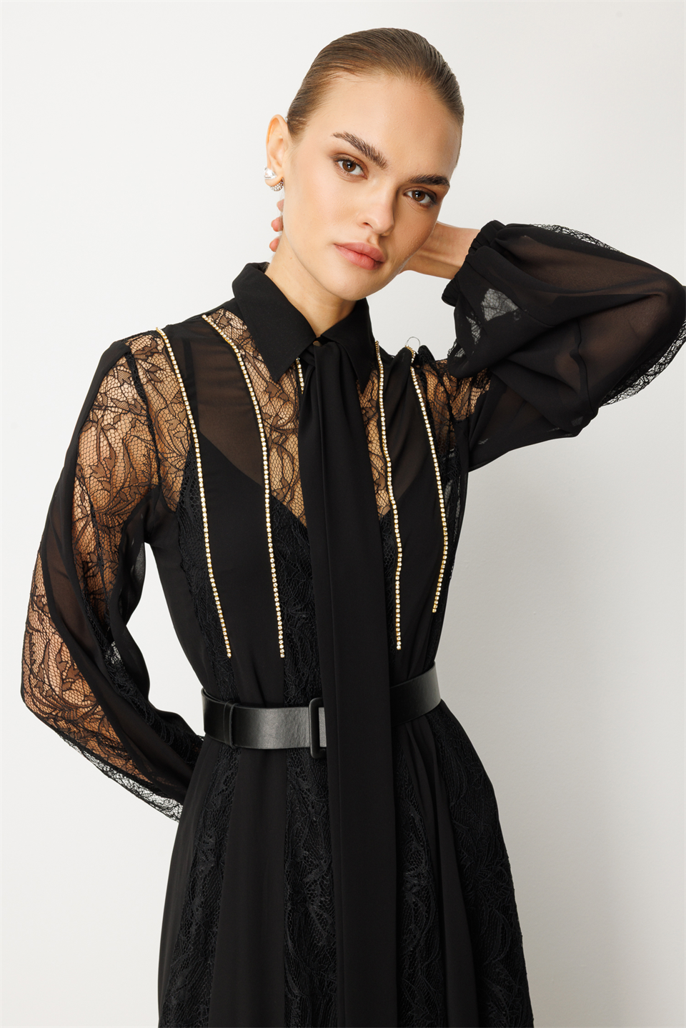 Shirt Collar Chain Strap Maxi Dress BLACK