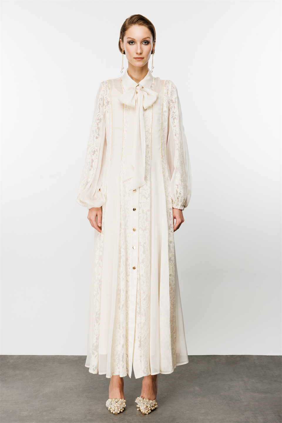 Shirt Collar Chain Strap Maxi Dress Ecru
