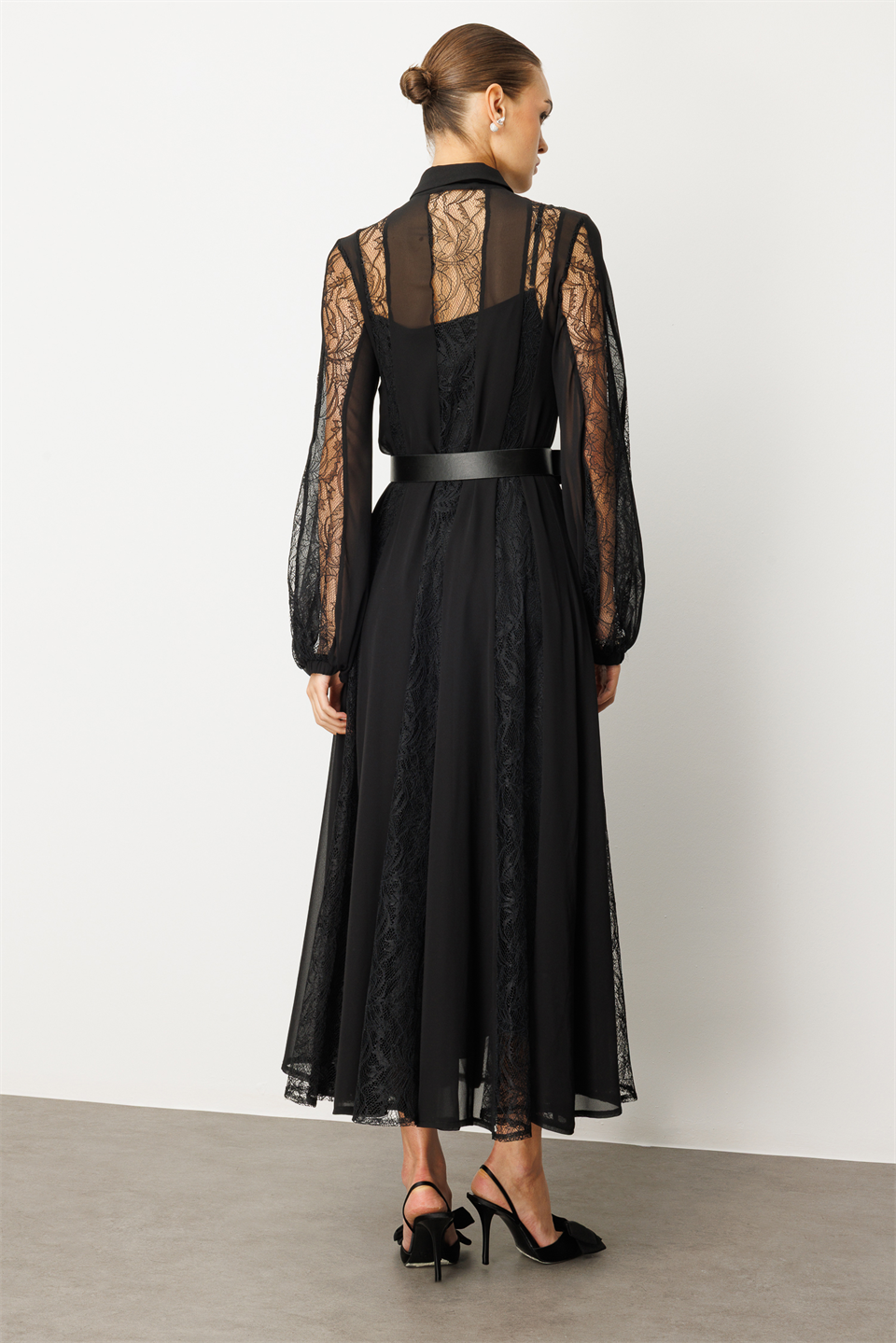 Shirt Collar Chain Strap Maxi Dress BLACK