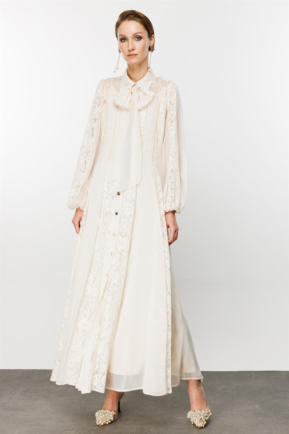 Gömlek Yaka Zincir Şeritli Maksi Elbise EKRU