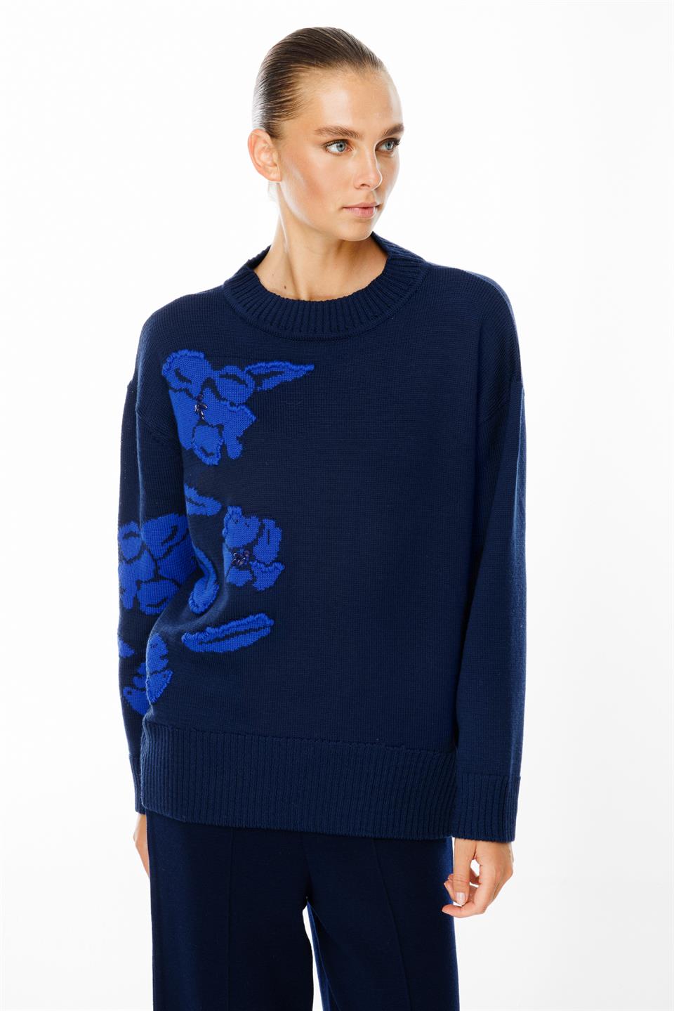 Gül Desenli Uzun Kol Yuvarlak Yaka Kazak LACİVERT