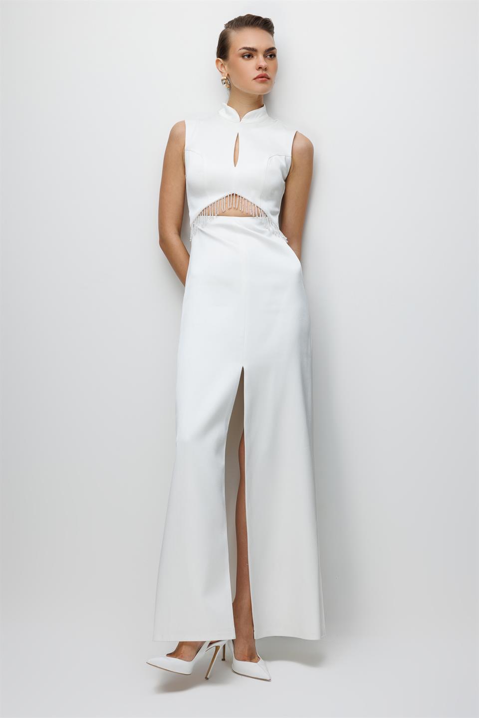 Hakim Yaka Boncuklu Elbise EKRU