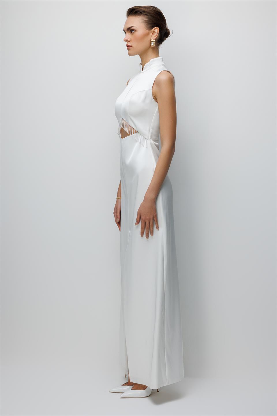 Hakim Yaka Boncuklu Elbise EKRU