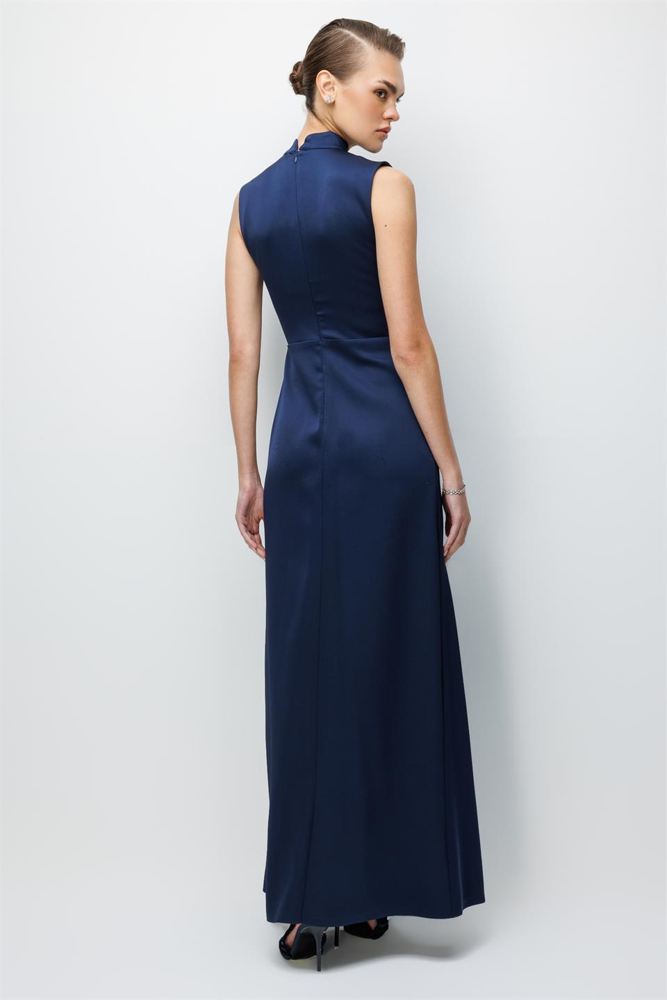 Hakim Yaka Boncuklu Elbise LACİVERT