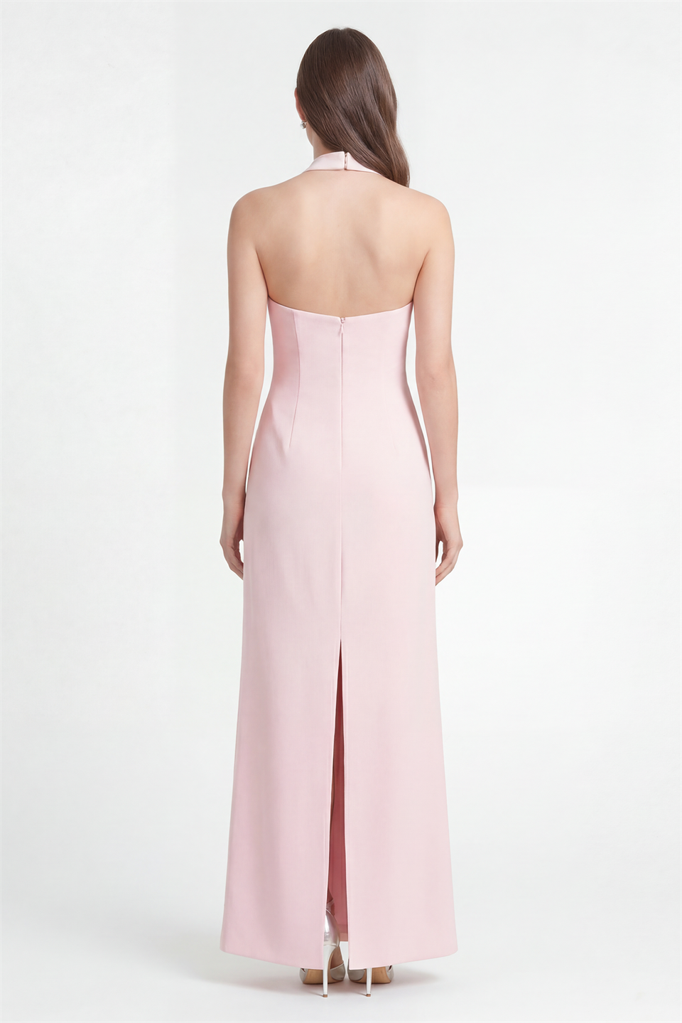 Halter Neck Evening Dress with Slit, Powder Pink