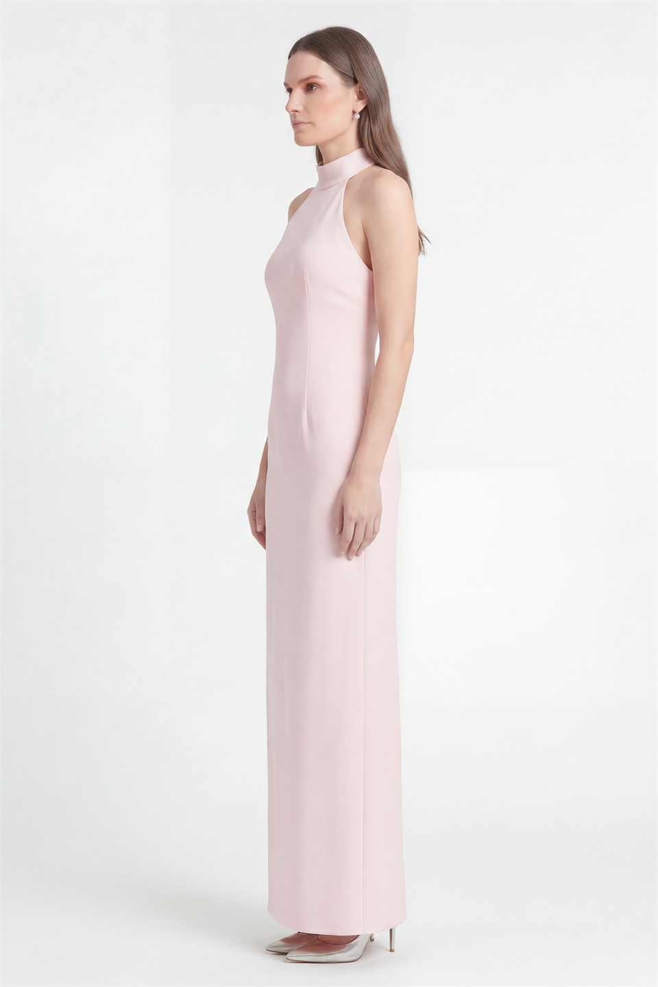 Halter Neck Evening Dress with Slit, Powder Pink