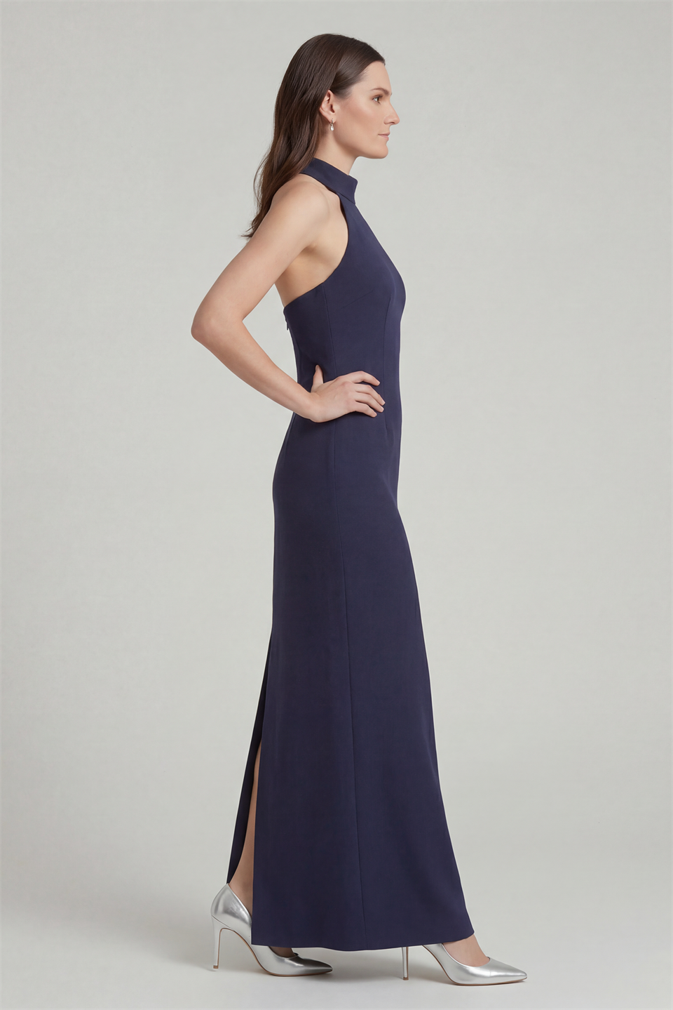 Halter Neck Evening Dress with Slit  NAVY BLUE