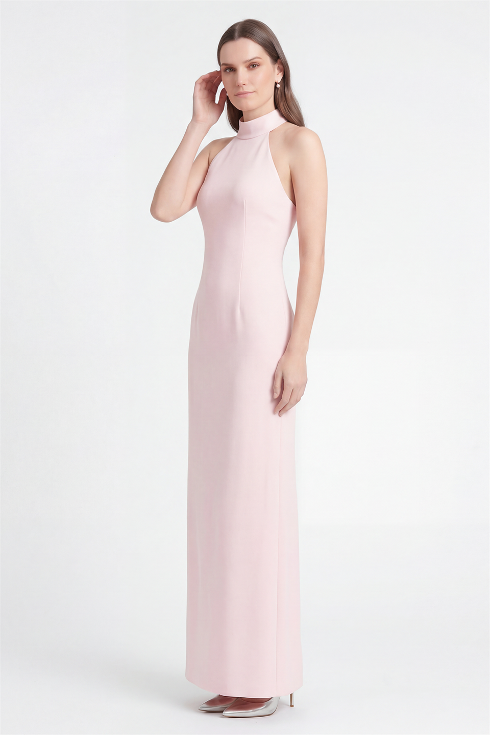 Halter Neck Evening Dress with Slit, Powder Pink
