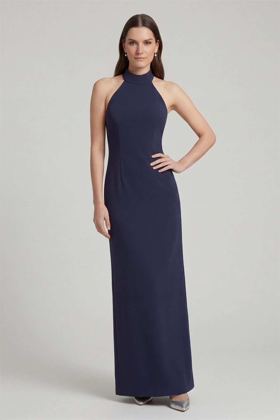Halter Neck Evening Dress with Slit  NAVY BLUE
