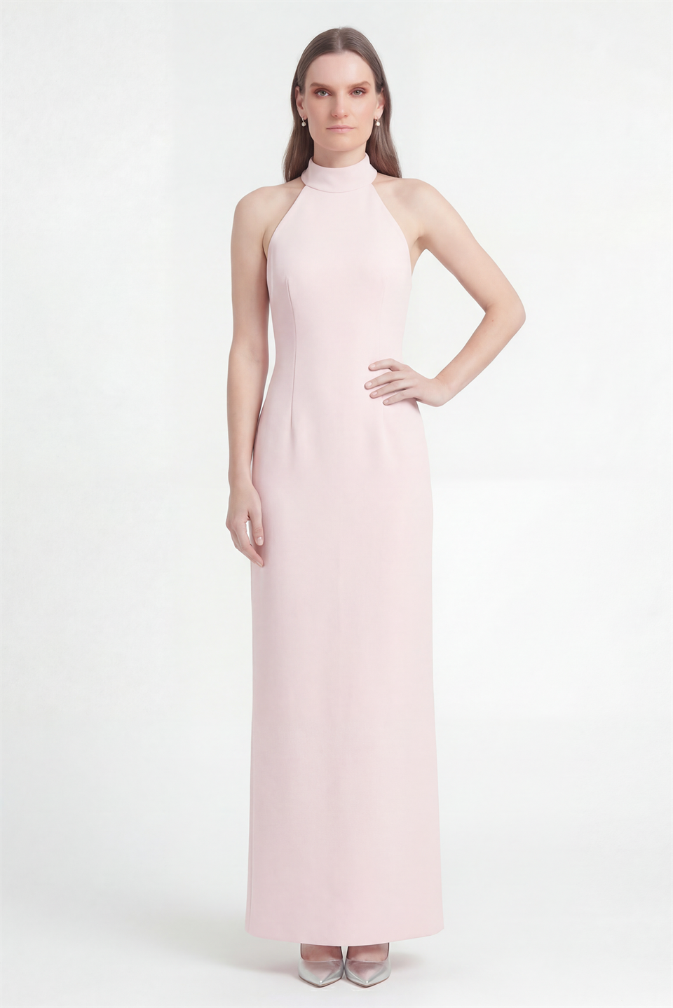 Halter Neck Evening Dress with Slit, Powder Pink