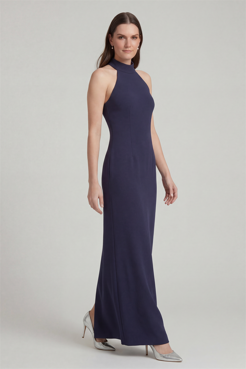Halter Neck Evening Dress with Slit  NAVY BLUE