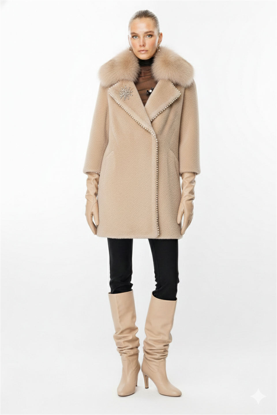 İnci Detaylı Yaka Kürk Aksesuarlı Kaban  BEJ