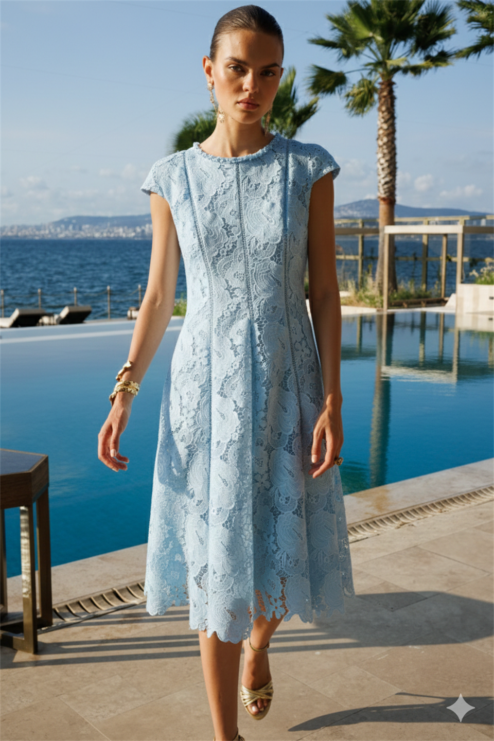 İnci İşleme Detaylı Dantel Elbise BEBE MAVİ