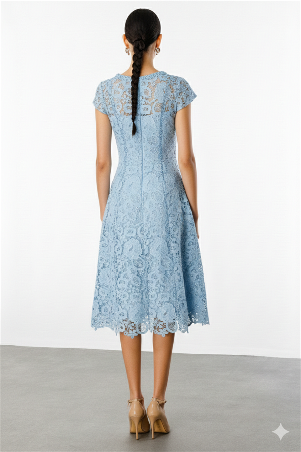 İnci İşleme Detaylı Dantel Elbise BEBE MAVİ