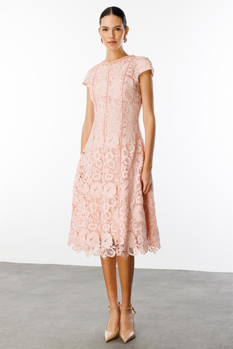 İnci İşleme Detaylı Dantel Elbise PEMBE