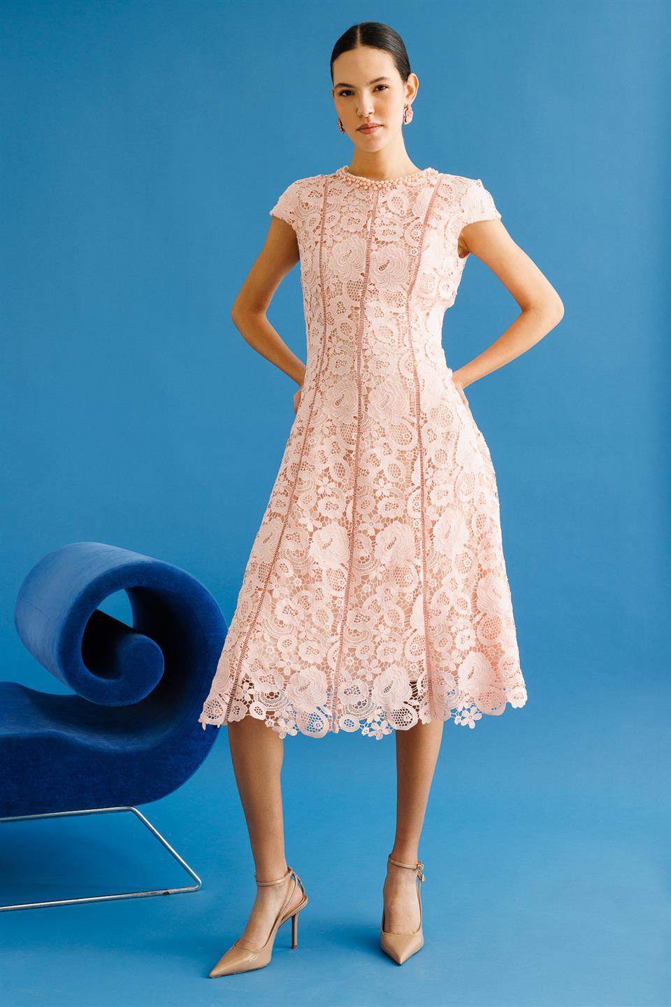 İnci İşleme Detaylı Dantel Elbise PEMBE