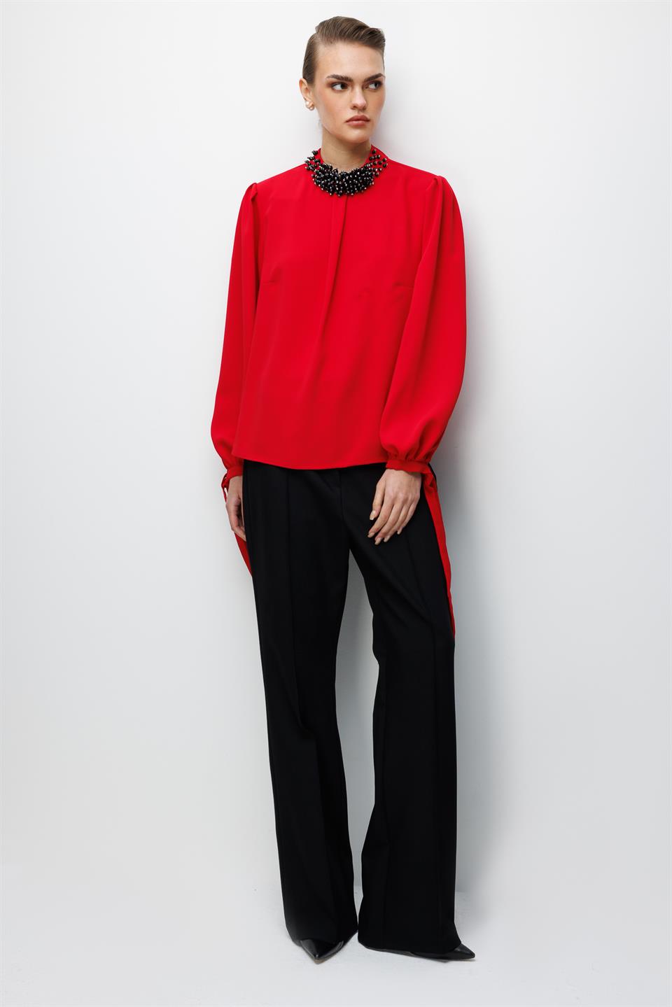 İnci İşlemeli Bluz KIRMIZI