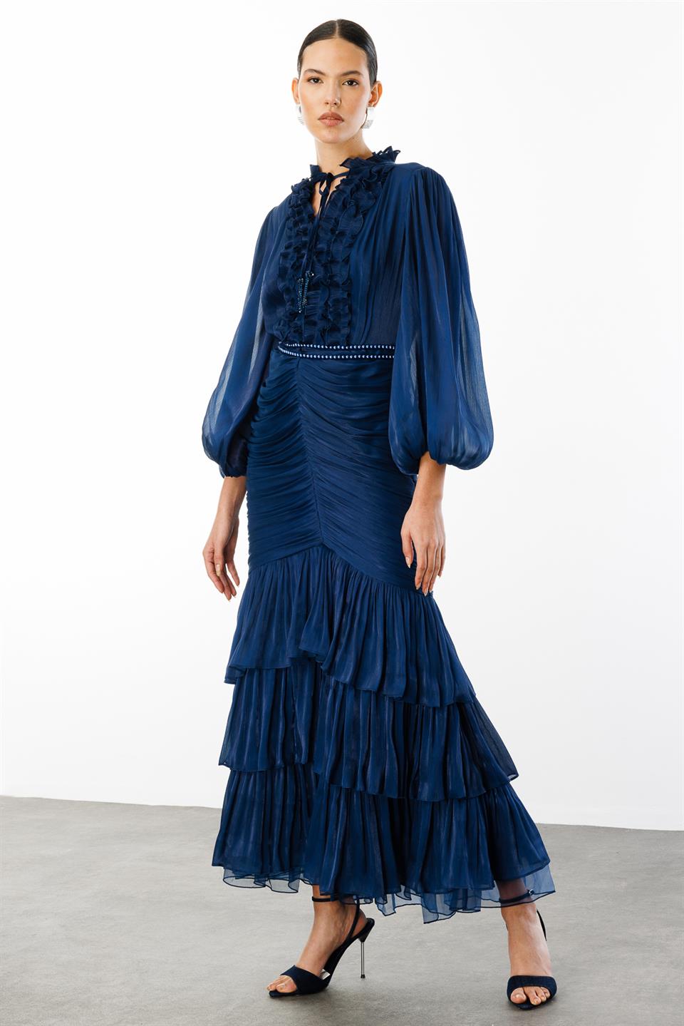 İnci Kemer Detaylı Volan Yaka Kat Etek  Elbise LACİVERT