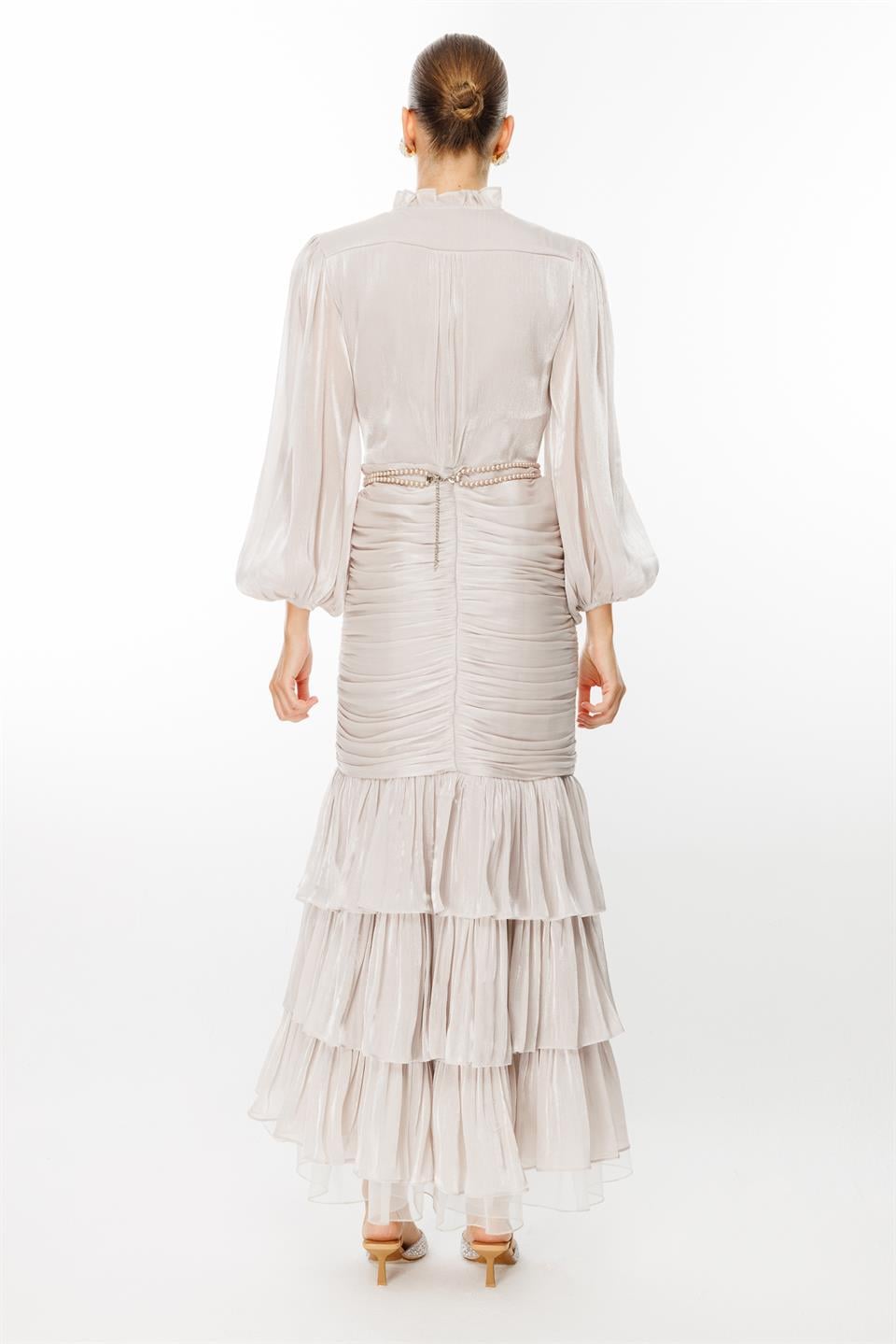 Pearl Belt Detailed Flounce Collar Layered Skirt Jacquard Dress TAŞ