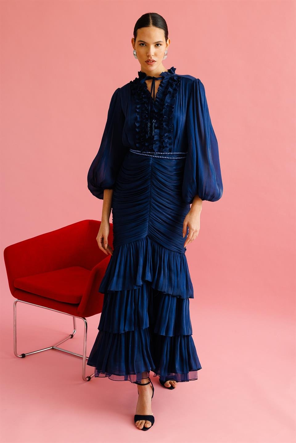 İnci Kemer Detaylı Volan Yaka Kat Etek  Elbise LACİVERT