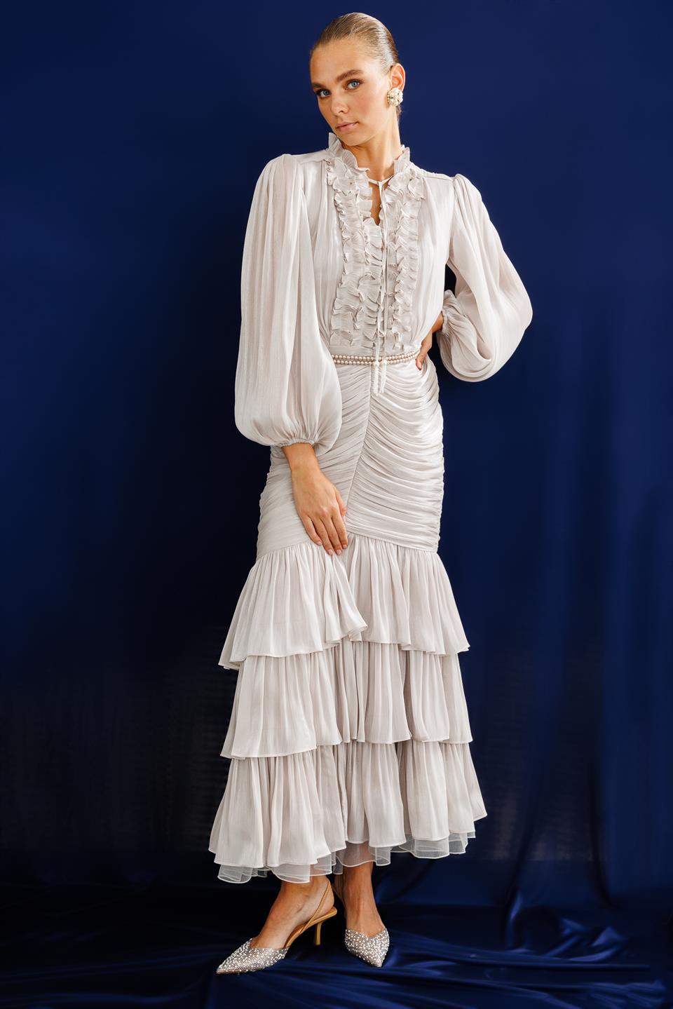 İnci Kemer Detaylı Volan Yaka Kat Etek Elbise TAŞ