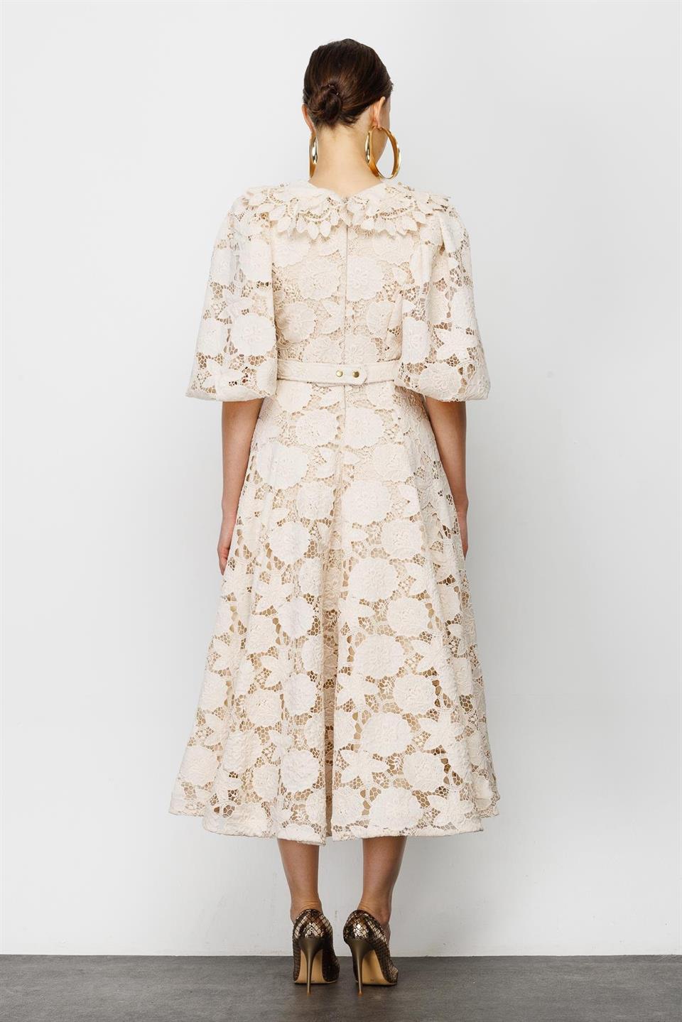 İnci Yaka Dantel Elbise EKRU