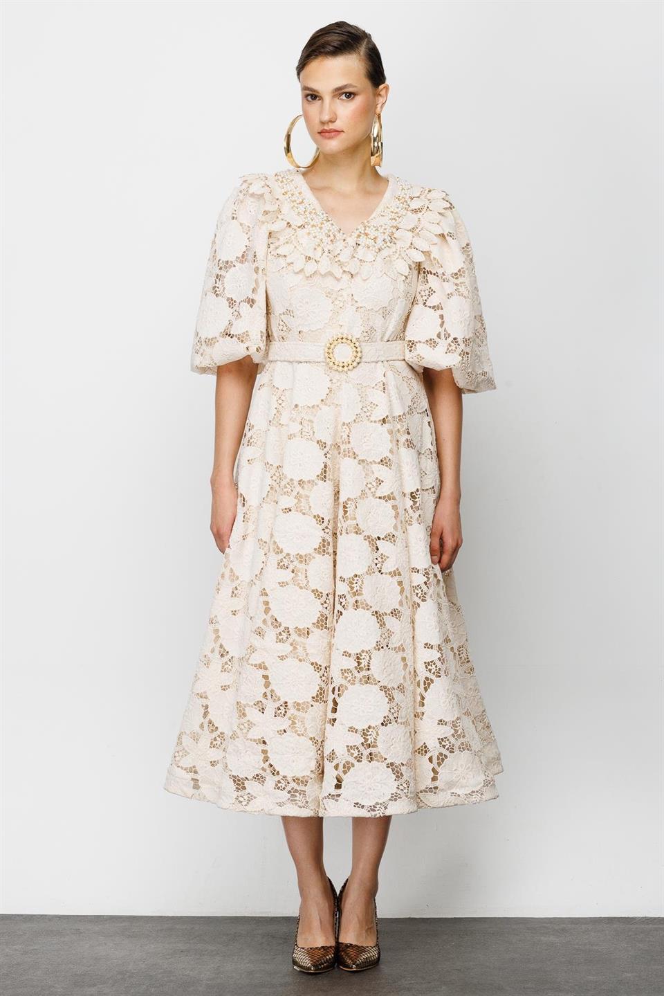 İnci Yaka Dantel Elbise EKRU