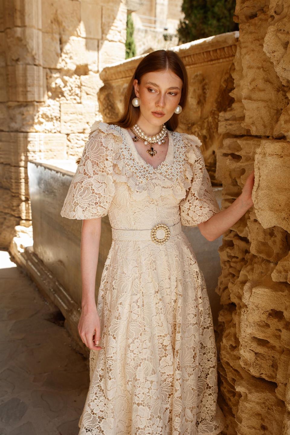 İnci Yaka Dantel Elbise EKRU