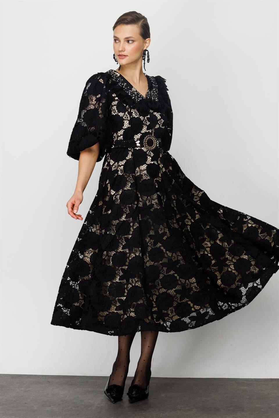 İnci Yaka Dantel Elbise SİYAH