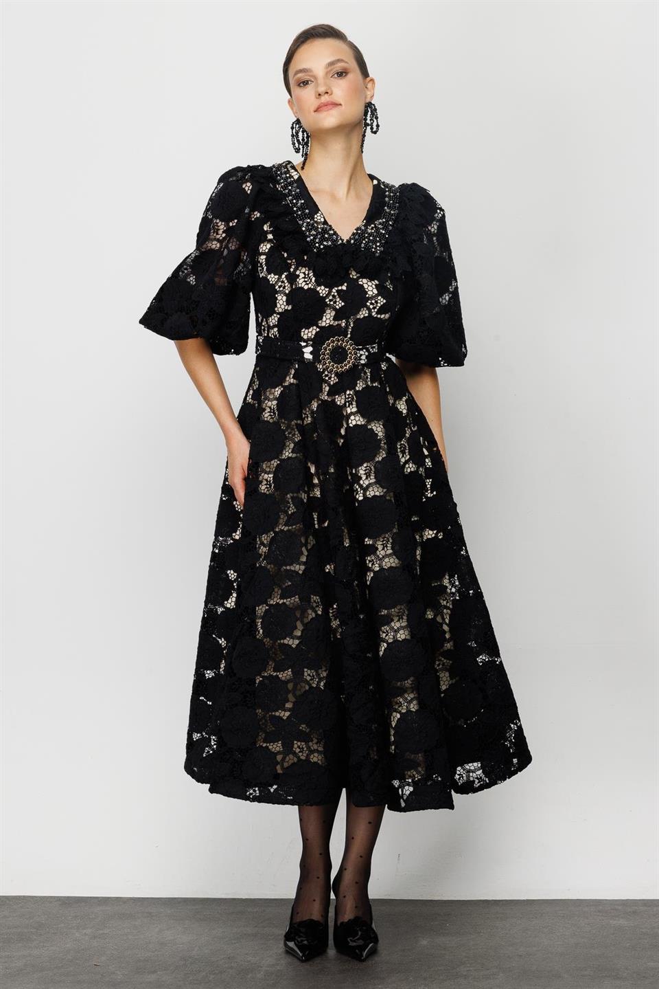 İnci Yaka Dantel Elbise SİYAH