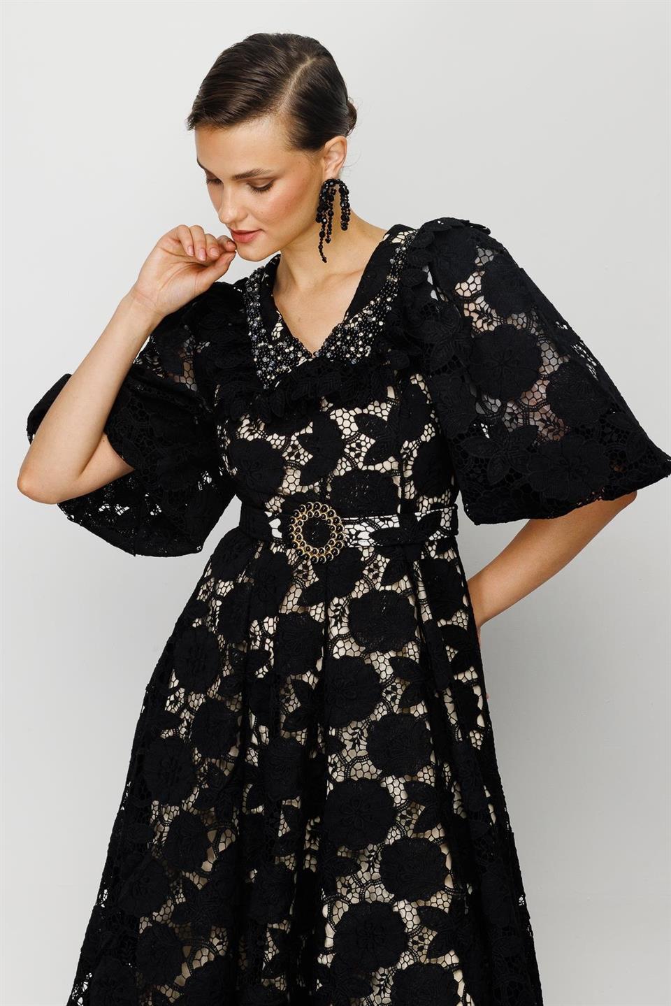 İnci Yaka Dantel Elbise SİYAH