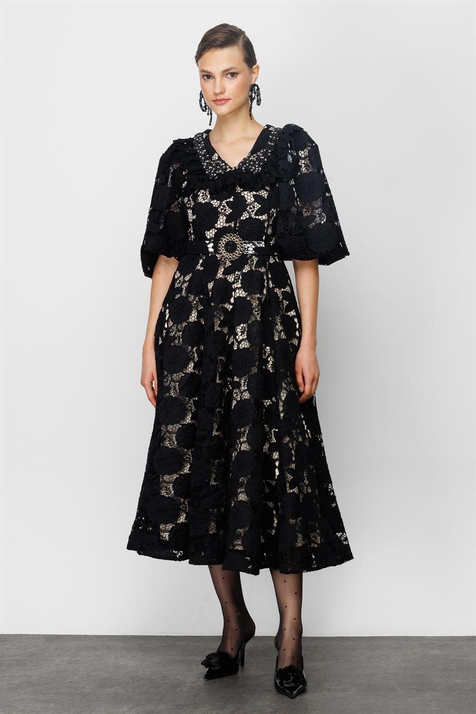 İnci Yaka Dantel Elbise SİYAH