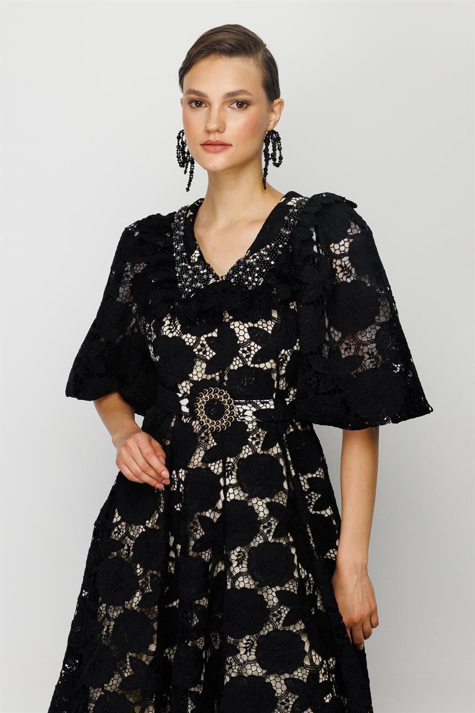 İnci Yaka Dantel Elbise SİYAH