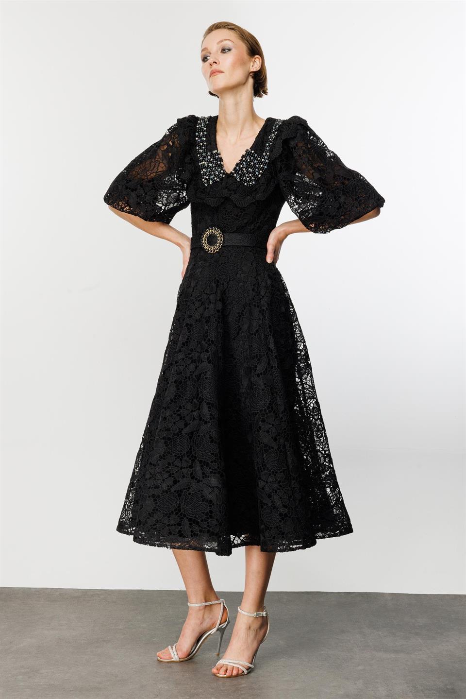 İnci Yaka Dantel Elbise SİYAH-SİYAH