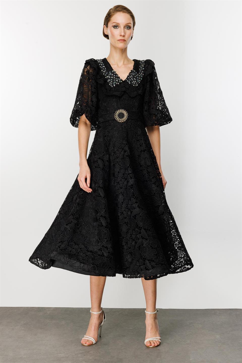 İnci Yaka Dantel Elbise SİYAH-SİYAH