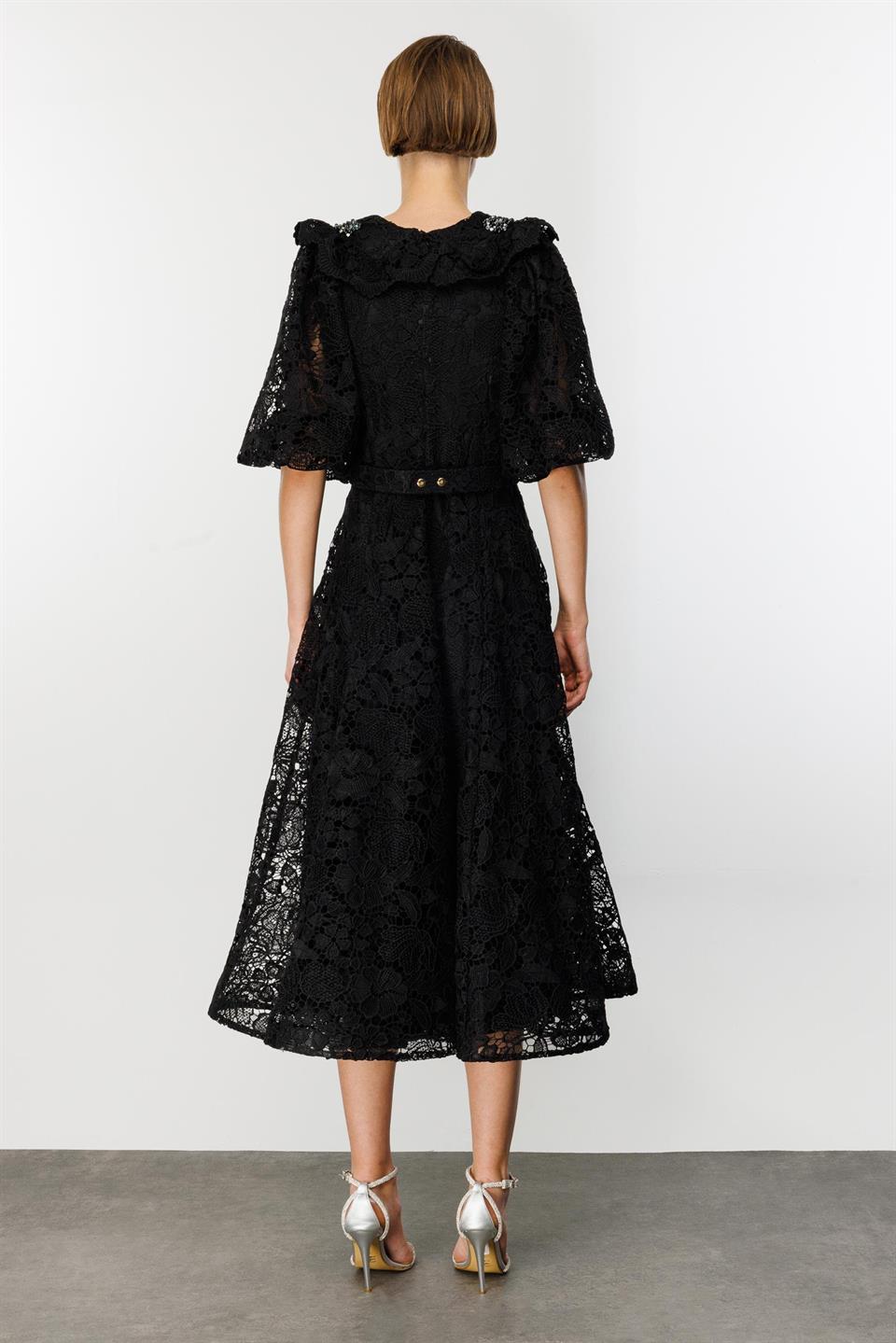 İnci Yaka Dantel Elbise SİYAH-SİYAH