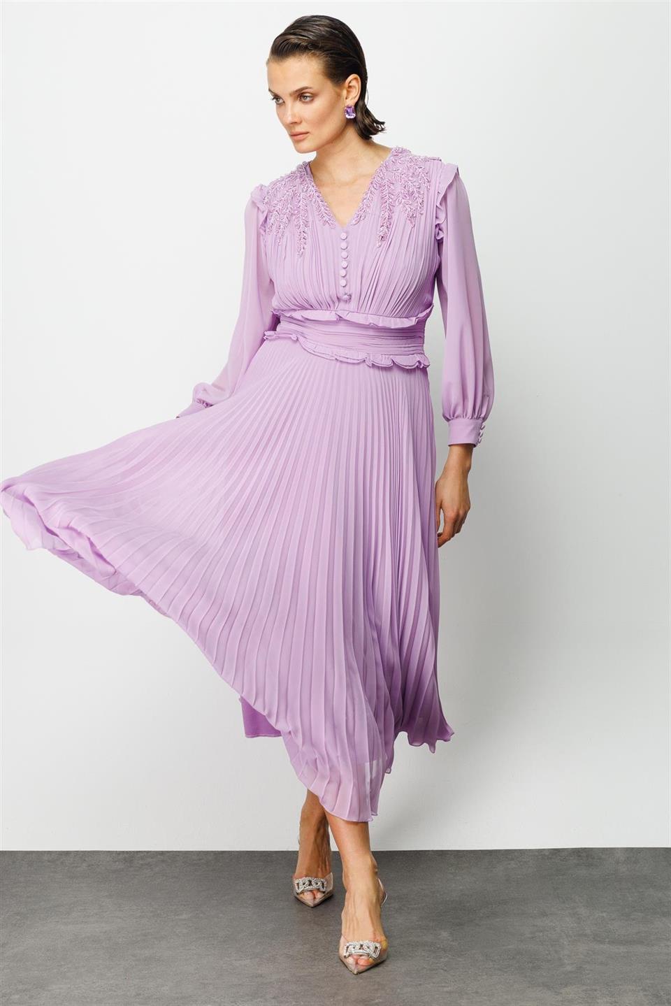 İşleme Detay Elbise LİLA