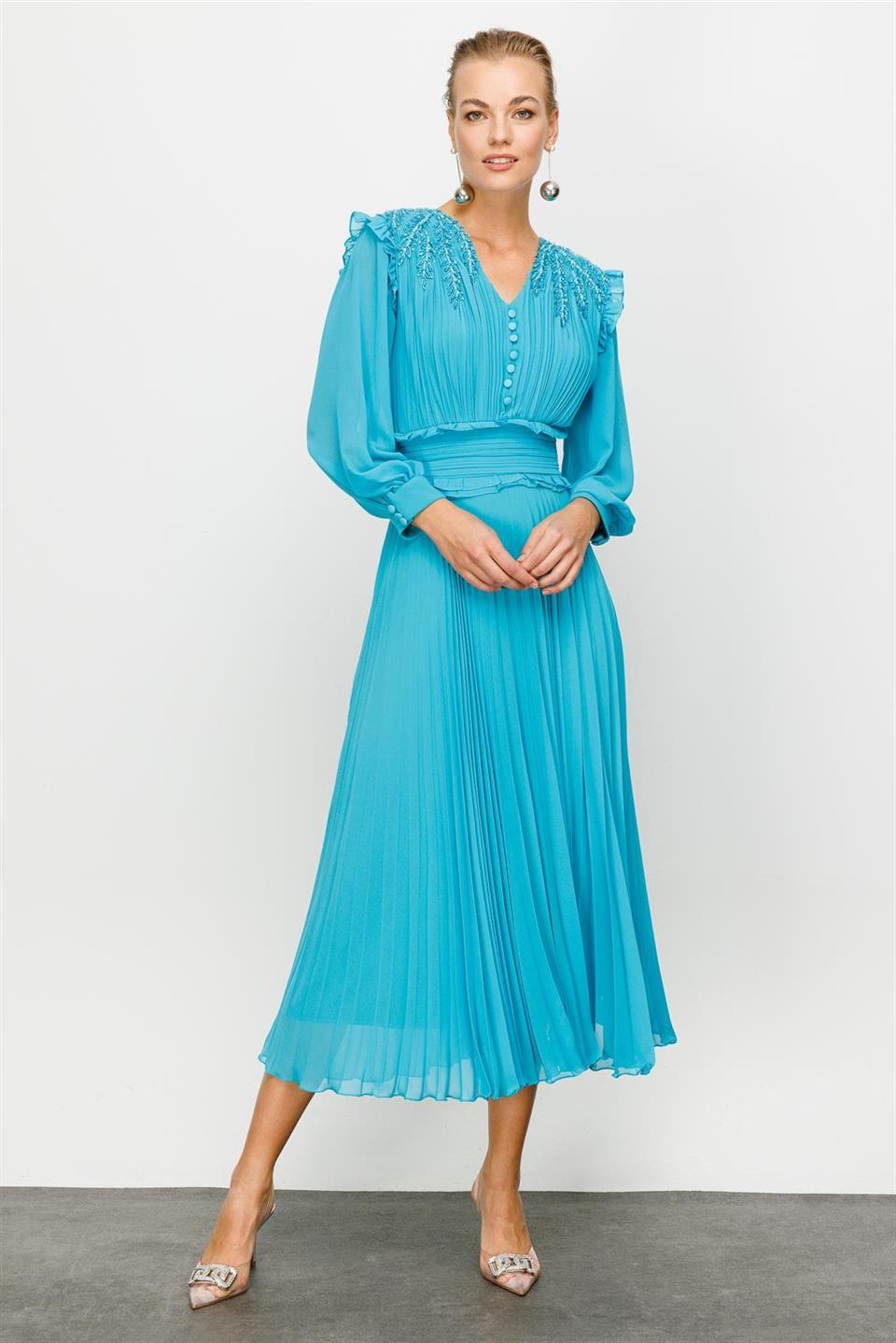 İşleme Detay Elbise TURKUAZ