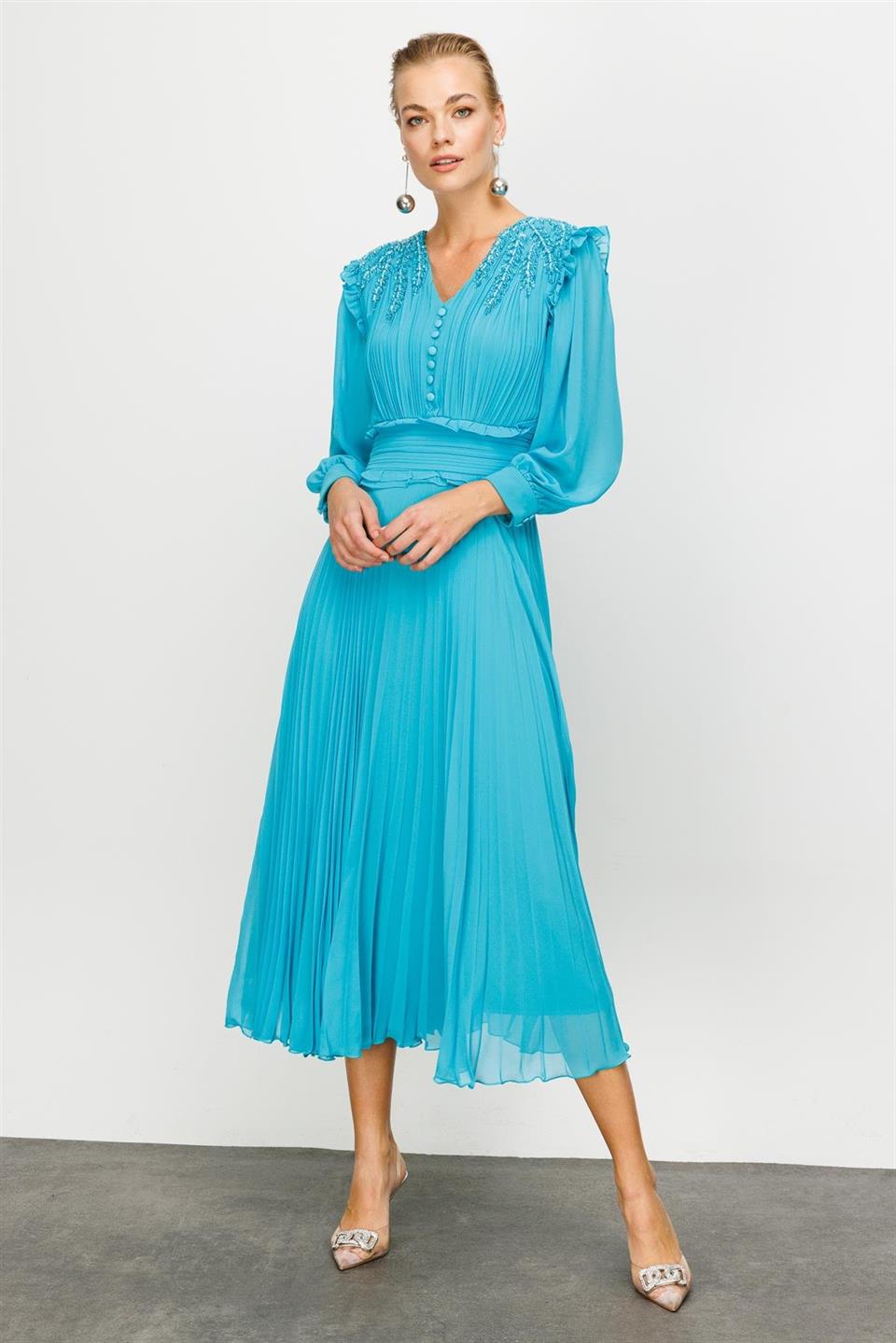 İşleme Detay Elbise TURKUAZ