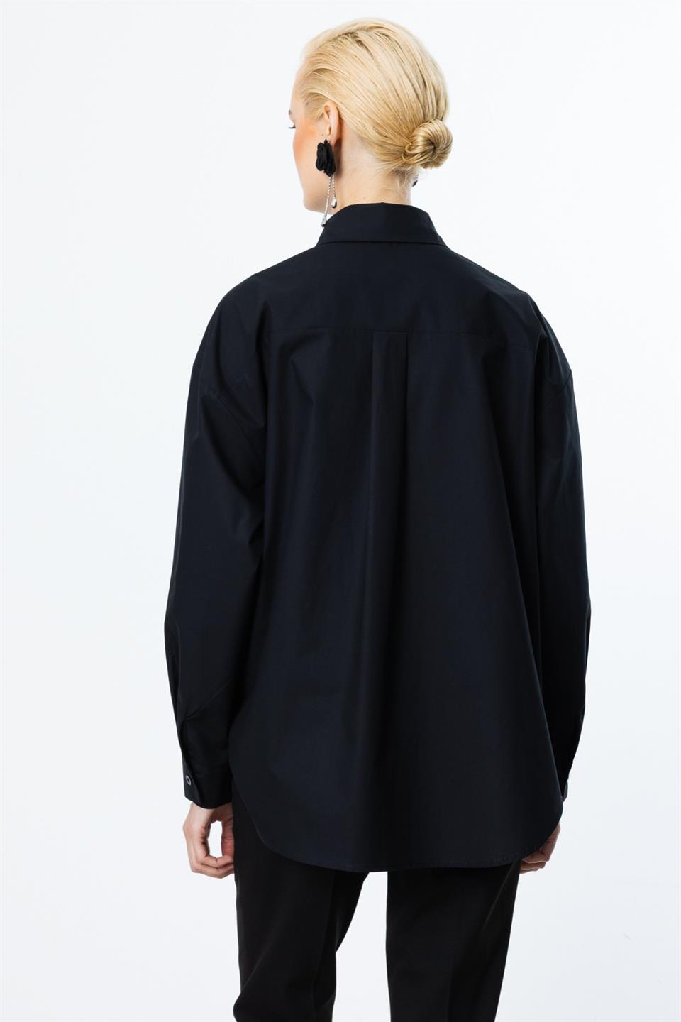 İşlemeli Taşlı Düğmeli Gömlek SİYAH