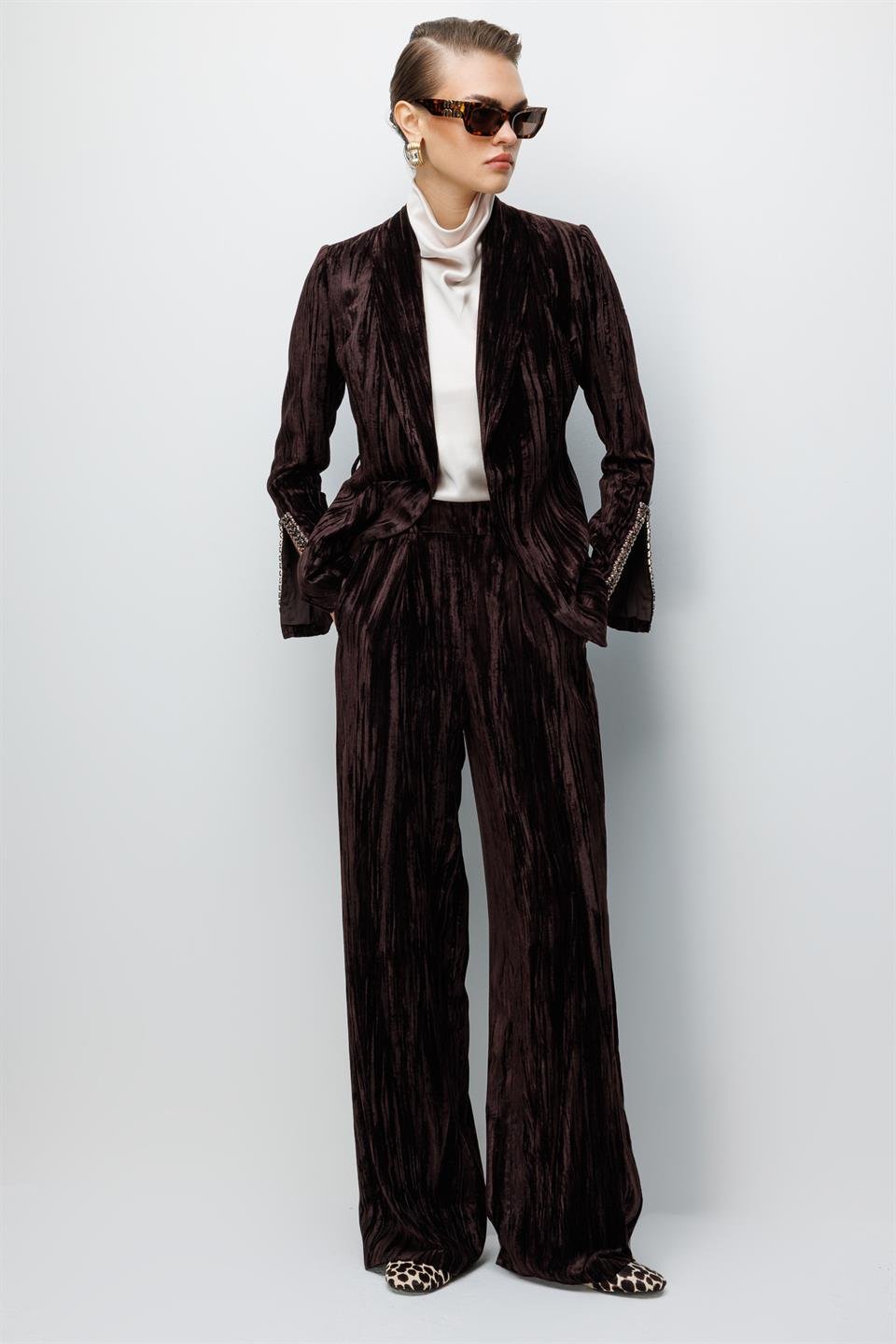 Velvet Palazzo Trousers COFFEE