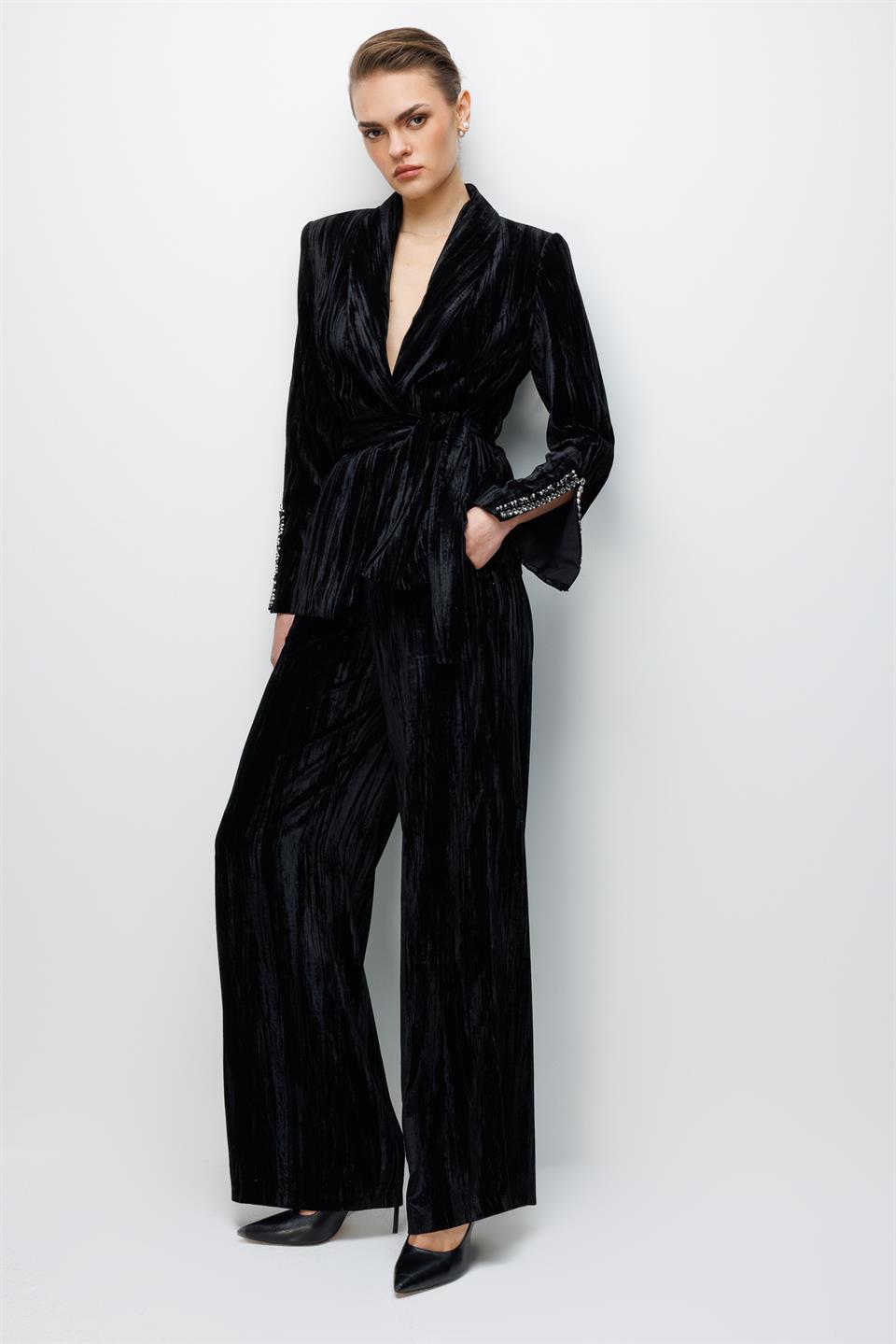 Velvet Palazzo Trousers BLACK