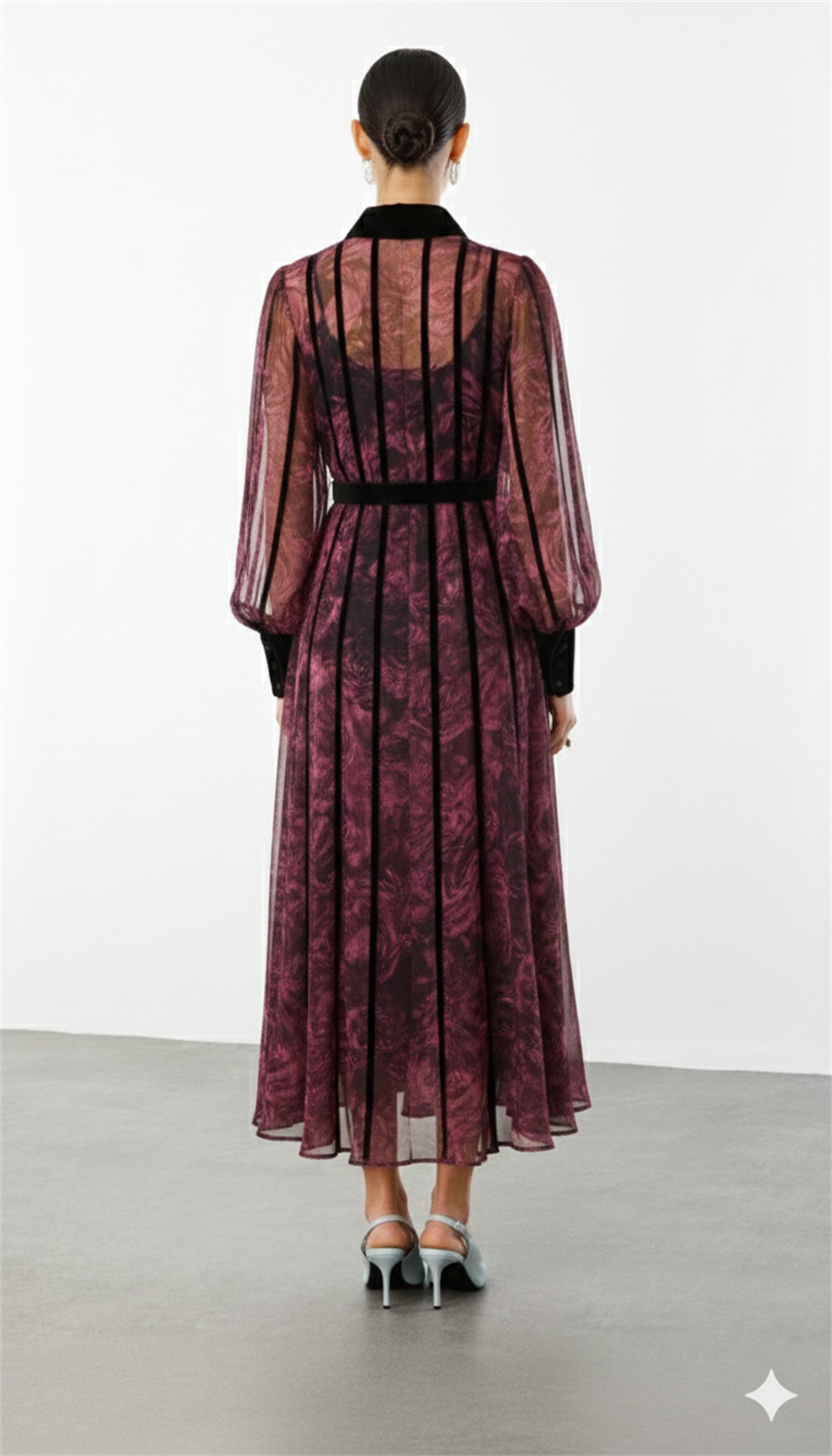 Kadife Şeritli Çiçekli Şifon Maksi Elbise MÜRDÜM