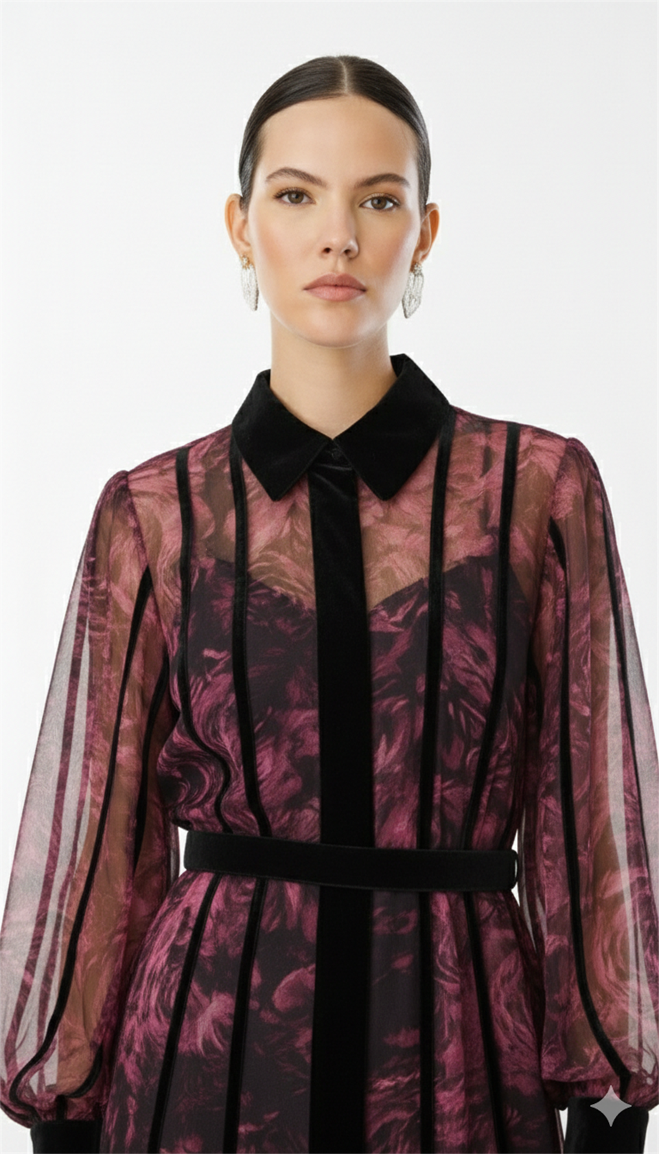 Kadife Şeritli Çiçekli Şifon Maksi Elbise MÜRDÜM