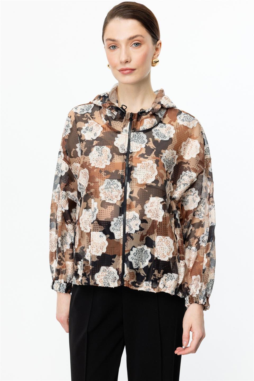 Kapişonlu Desenli Fermuarlı İnce Mont KAHVE