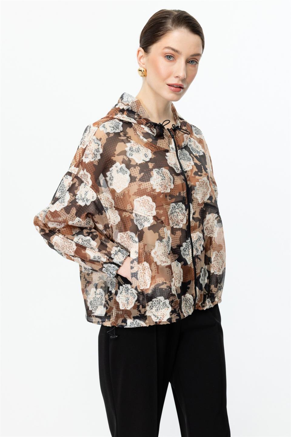 Kapişonlu Desenli Fermuarlı İnce Mont KAHVE