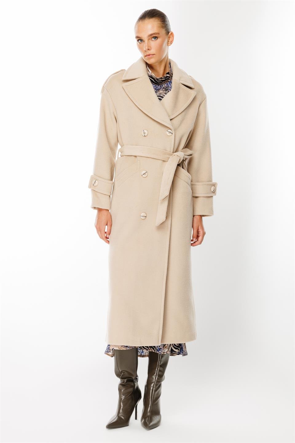 Belden Kuşaklı Kruvaze Yaka Kaşe Kaban BEJ