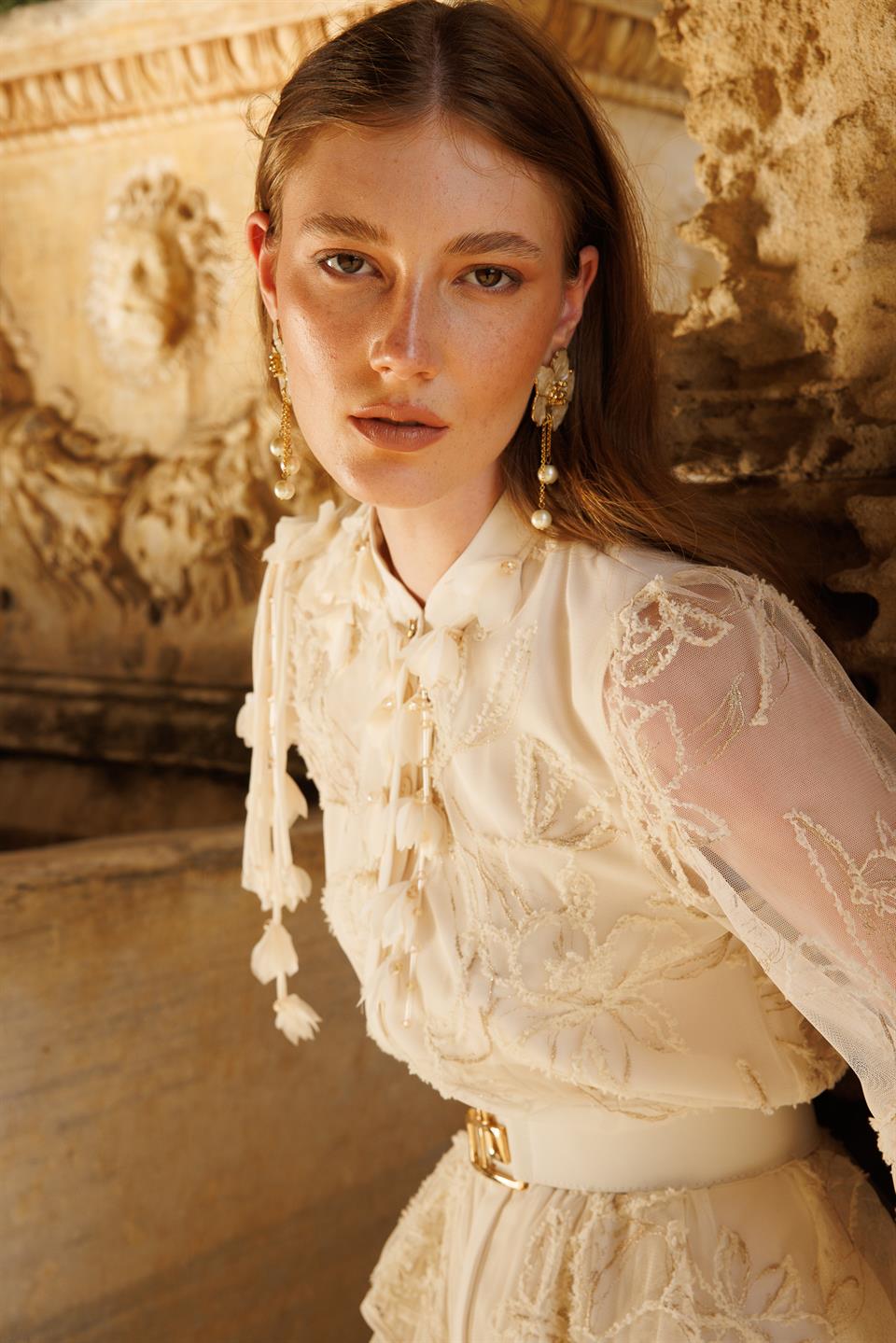 Kat Kat Volanlı Dantel Elbise EKRU