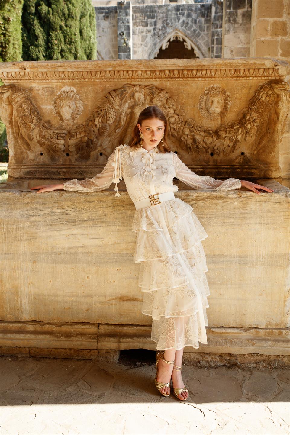 Kat Kat Volanlı Dantel Elbise EKRU