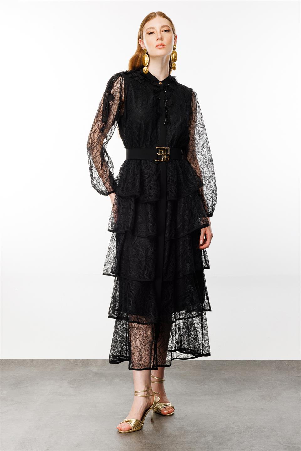 Kat Kat Volanlı Dantel Elbise SİYAH